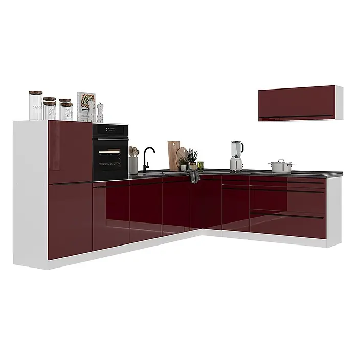 Eckküche R-Line 327 cm Rot Hochglanz Art.-Nr. 66810 -  - L-förmige Küchenzeile mit glänzenden weinroten Türen, weißen Seitenwänden, integriertem Backofen, Spüle und passendem Oberschrank.