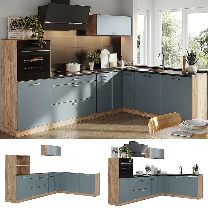 Eckküche R-Line 287 cm Blau-Grau Art.-Nr. 67465 -  - L-förmige Küchenzeile mit blaugrauen Schränken, Holzelementen, schwarzer Arbeitsplatte und integriertem Backofen und Kochfeld.