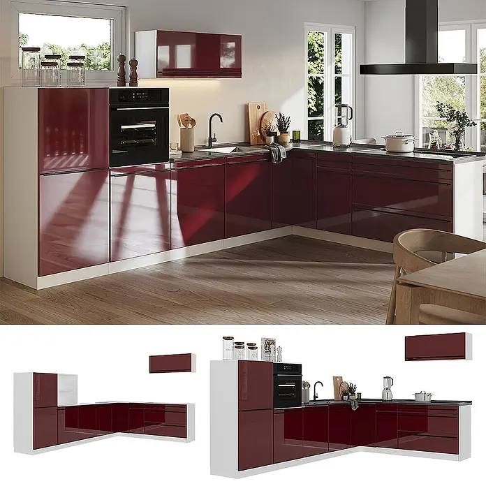 Eckküche R-Line 327 cm Rot Hochglanz Art.-Nr. 66810 -  - Moderne L-förmige Küche mit hochglänzenden tiefroten Schränken, dunkler Arbeitsplatte, integriertem Ofen und Spüle in einem hellen Raum.
