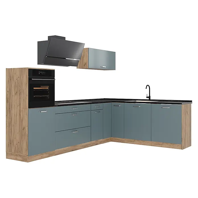 Eckküche R-Line 287 cm Blau-Grau Art.-Nr. 67465 -  - L-förmige Küche mit blaugrauen Schränken, Holzdetails, schwarzer Arbeitsplatte, Einbauofen, Dunstabzugshaube und Spüle mit schwarzem Wasserhahn.