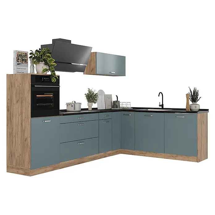 Eckküche R-Line 287 cm Blau-Grau Art.-Nr. 67465 -  - L-förmige Küchenzeile mit blaugrauen Schränken, Holzoptikseiten und schwarzer Arbeitsplatte, inklusive integriertem Backofen, Kochfeld, Spüle und Dunstabzugshaube.