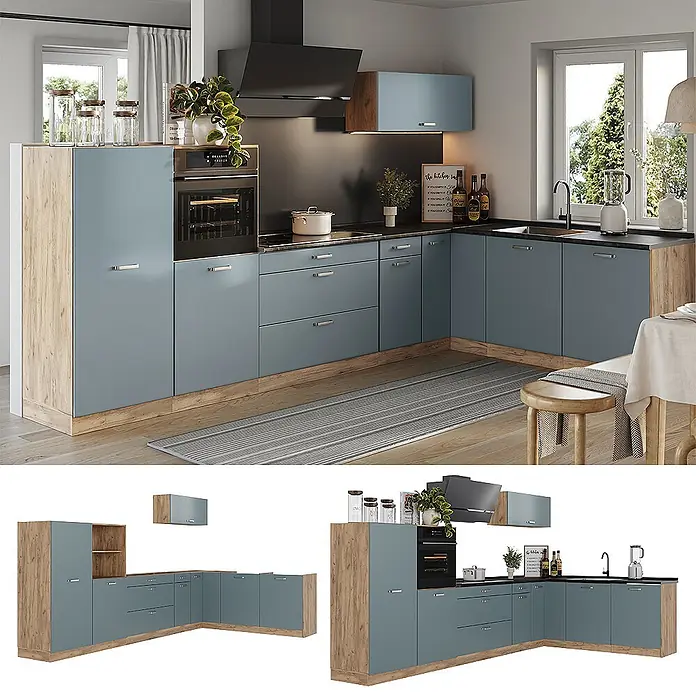Eckküche R-Line 347 cm Blau-Grau Art.-Nr. 67610 -  - L-förmige Küche mit blau-grauen Fronten, Holzdekor und schwarzen Arbeitsplatten, mit integrierten Geräten.