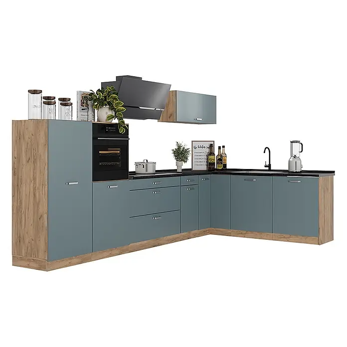 Eckküche R-Line 347 cm Blau-Grau Art.-Nr. 67610 -  - Eckküchenzeile mit blaugrauen Schränken, Holzdekor-Akzenten, dunkler Arbeitsplatte, integriertem Backofen und Spüle.