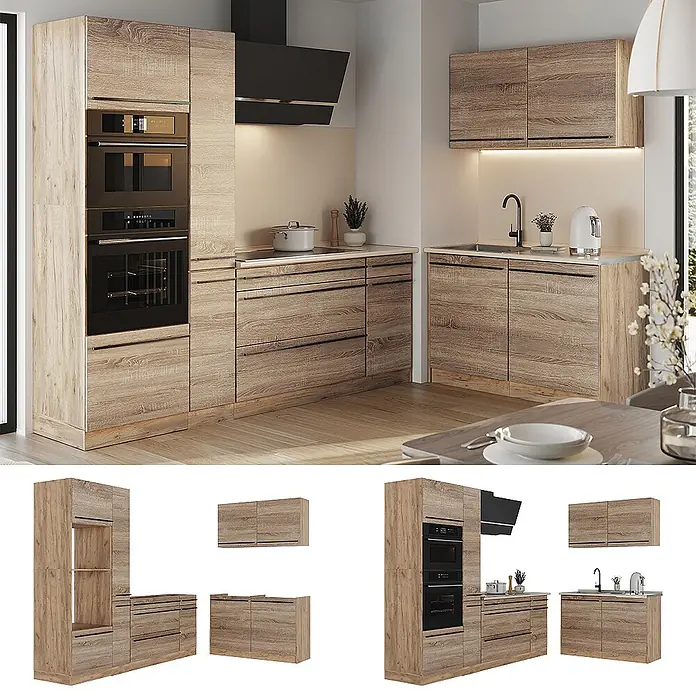Eckküche R-Line 230 cm Sonoma Art.-Nr. 67497 -  - Komplette Küche in heller Holzoptik mit integrierten Öfen, Kochfeld, Spüle und Dunstabzugshaube.