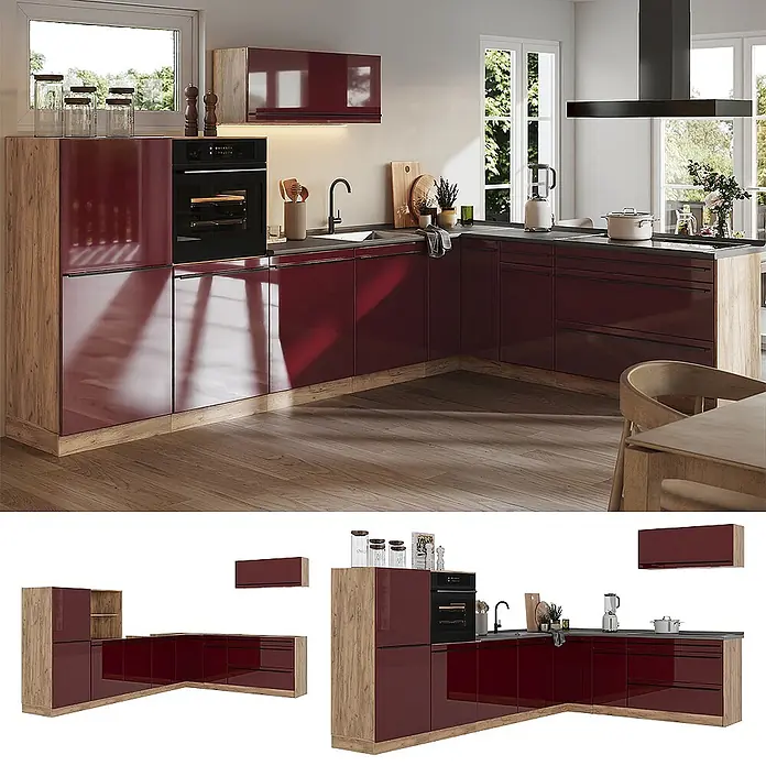 Eckküche R-Line 327 cm Rot Hochglanz Art.-Nr. 66799 -  - Moderne L-förmige Küche mit glänzend weinroten Schränken, Holzseiten und dunkler Arbeitsplatte, mit integriertem Backofen und Spüle.