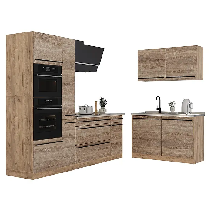 Eckküche R-Line 230 cm Sonoma Art.-Nr. 67497 -  - Modulare Küche mit Holzdekor-Schränken, schwarzen Griffen, Einbauöfen und Spüle.