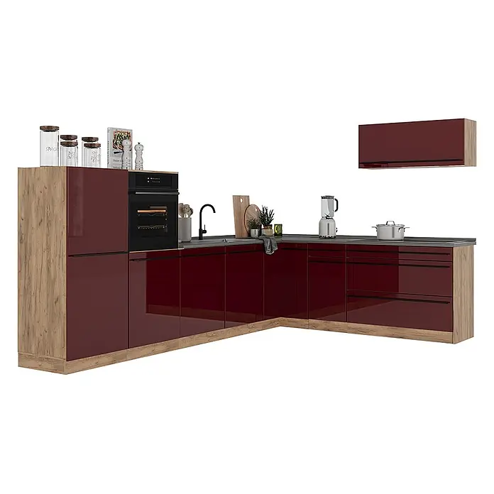 Eckküche R-Line 327 cm Rot Hochglanz Art.-Nr. 66799 -  - Rote Hochglanz-Eckküche mit Holzoptik-Akzenten, integriertem Backofen und Spüle.