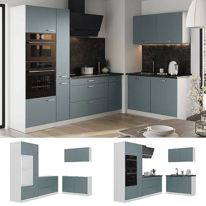 Eckküche R-Line 230 cm Blau-Grau Art.-Nr. 67512 -  - Moderne blau-graue Küchenmöbel mit weißen Hochschränken, integrierten Öfen und Spülbereich in einer modernen Küche.