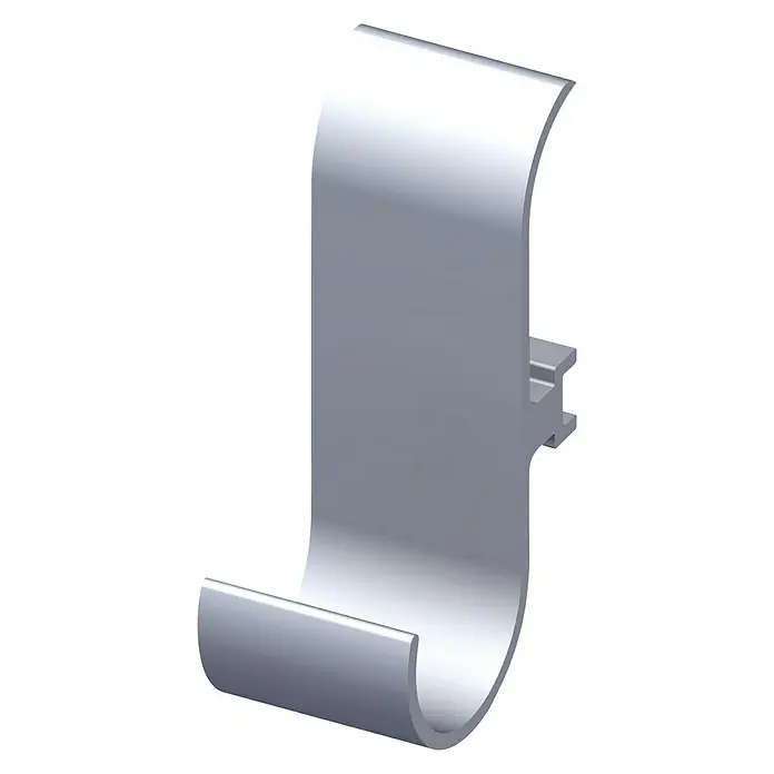 Kantoflex Coaxis Universalhaken - Breite: 25 mm, Aluminium, Traglast: 15 kg, Passend für: Coaxis Profile, 2 Stk., Unbehandelt - Ein 3D-Rendering einer silbernen J-Halterung, die ein modernes und minimalistisches Design für verschiedene Aufhängeanwendungen bietet.
