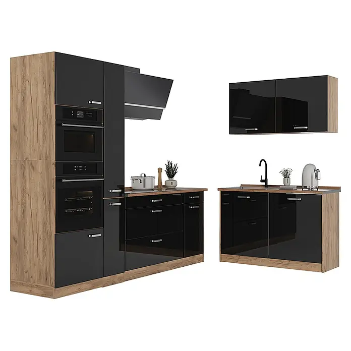 Eckküche R-Line 230 cm Schwarz Hochglanz Art.-Nr. 66731 -  - Moderne Küchenmöbel mit schwarzen Hochglanzschränken, Holzelementen und Einbaugeräten.