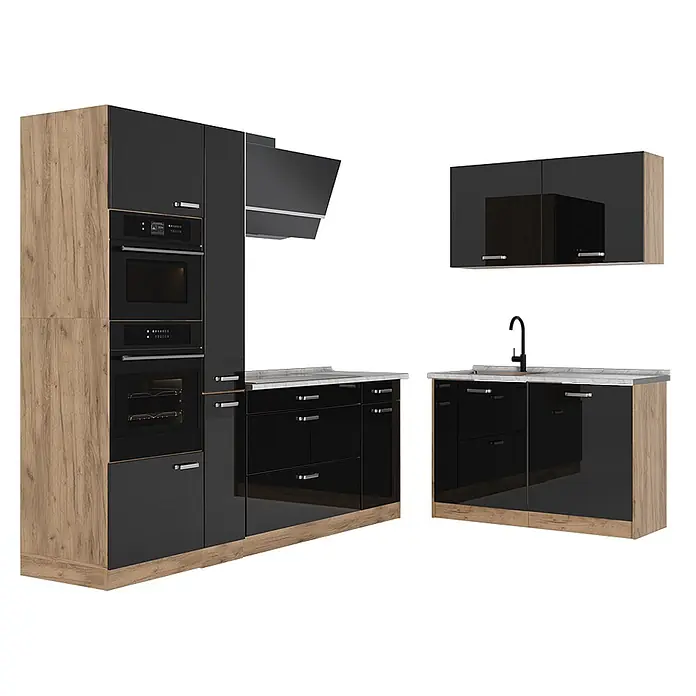 Eckküche R-Line 230 cm Schwarz Hochglanz Art.-Nr. 66731 -  - Moderne Küche mit glänzend schwarzen Schränken, Holzdetails, Einbaugeräten und Spüle.