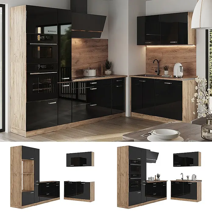 Eckküche R-Line 230 cm Schwarz Hochglanz Art.-Nr. 66731 -  - Moderne Küchenzeile mit hochglänzenden schwarzen Fronten und hellen Holzdekoren, inklusive Einbaugeräten, Spüle und Arbeitsplatte.