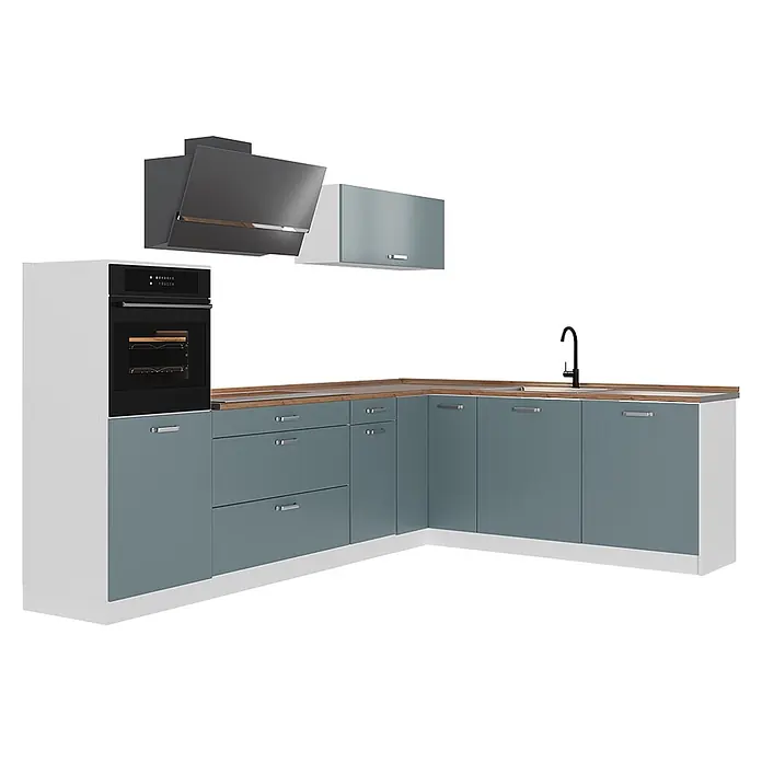 Eckküche R-Line 287 cm Blau-Grau Art.-Nr. 67538 -  - Eckküche in Blaugrau mit Holzplatte, integriertem Backofen, Spüle und Dunstabzugshaube für eine moderne Kücheneinrichtung.