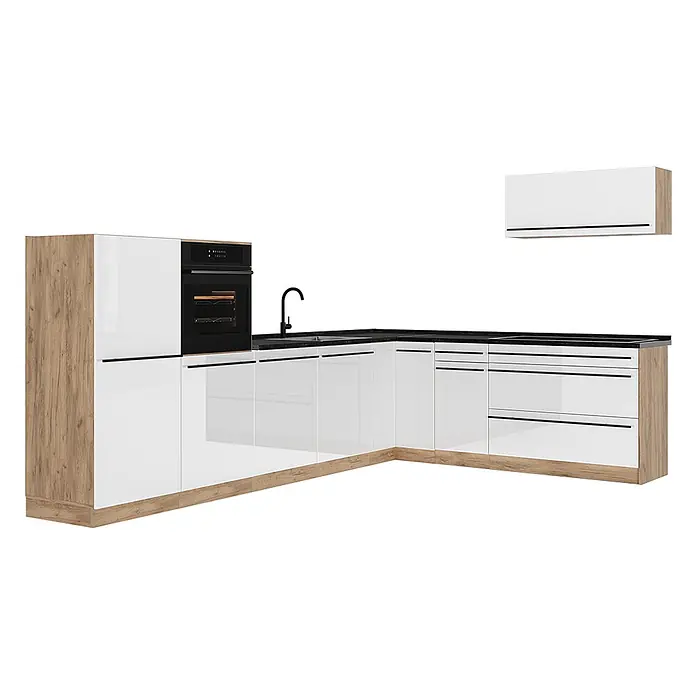 Eckküche R-Line 327 cm Weiß Hochglanz Art.-Nr. 66805 -  - Moderne L-förmige Küche mit weißen Hochglanzschränken, hellen Holzdetails, schwarzen Arbeitsplatten, Spüle und Ofen.