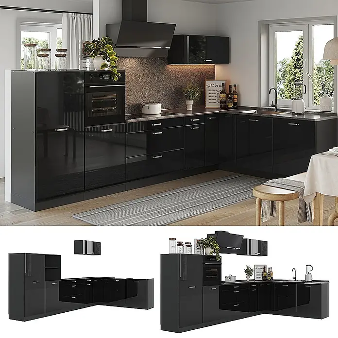 Eckküche R-Line 347 cm Schwarz Hochglanz Art.-Nr. 66832 -  - Schwarze Hochglanz-Modulküche mit integriertem Backofen, Kochfeld und Spüle in einer modernen Küche.