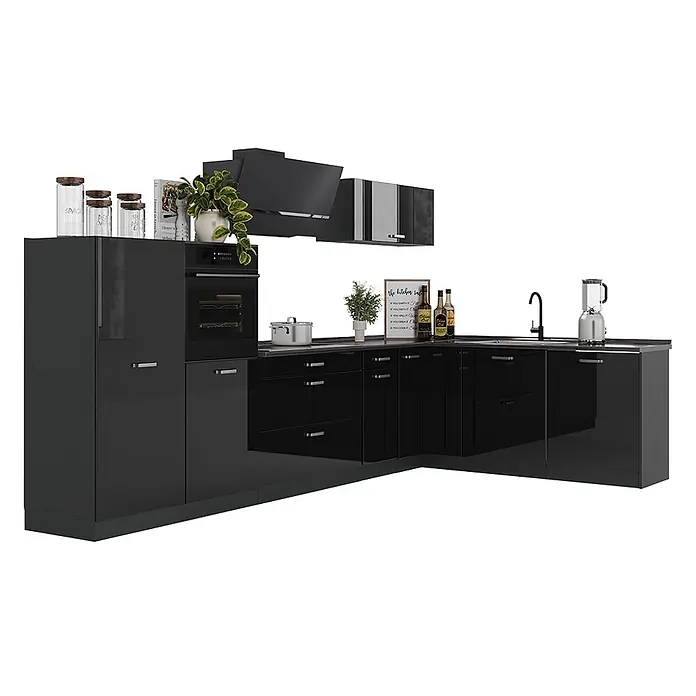 Eckküche R-Line 347 cm Schwarz Hochglanz Art.-Nr. 66832 -  - Moderne L-förmige Küchenzeile mit hochglanzschwarzen Schränken und integrierten Geräten.