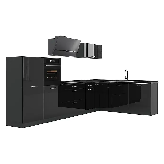 Eckküche R-Line 347 cm Schwarz Hochglanz Art.-Nr. 66832 -  - Glänzende schwarze L-förmige Küchenzeile mit integriertem Backofen, Hochschrank, Spüle mit Armatur, Dunstabzugshaube und Oberschränken.