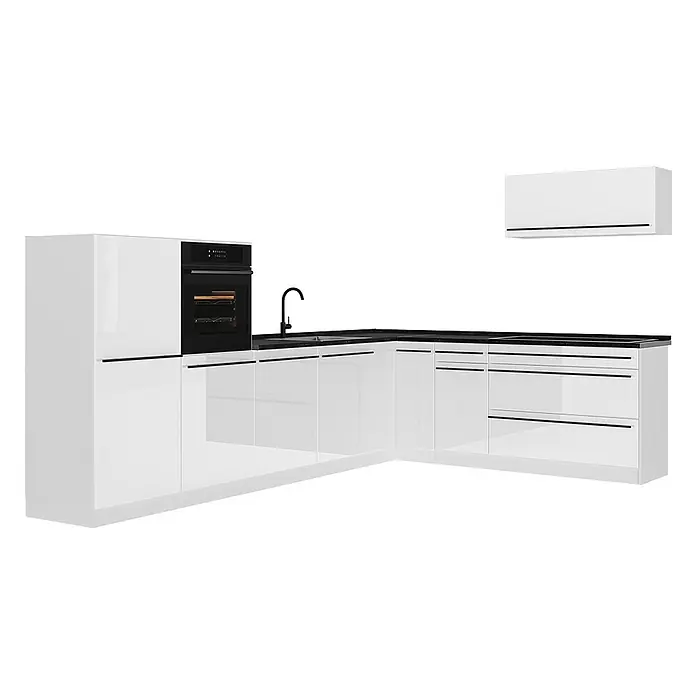 Eckküche R-Line 327 cm Weiß Hochglanz Art.-Nr. 66817 -  - Moderne L-förmige Küche mit weißen Hochglanzschränken, schwarzer Arbeitsplatte, integriertem Backofen, Spüle, Kochfeld und schwarzen Griffen.