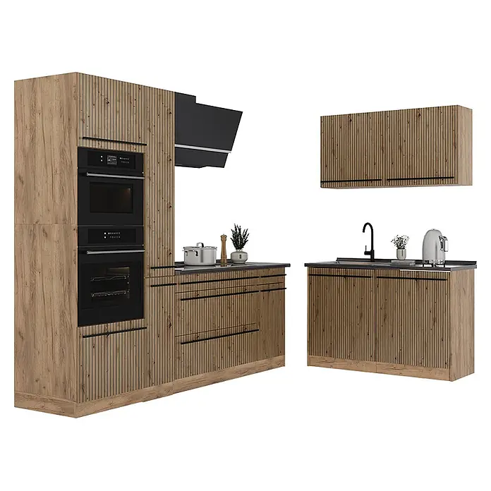 Eckküche R-Line 230 cm Artisan-Eiche Art.-Nr. 67485 -  - Moderne Küchenmöbel mit geriffelten Holzschränken, schwarzen Geräten und Spüle.