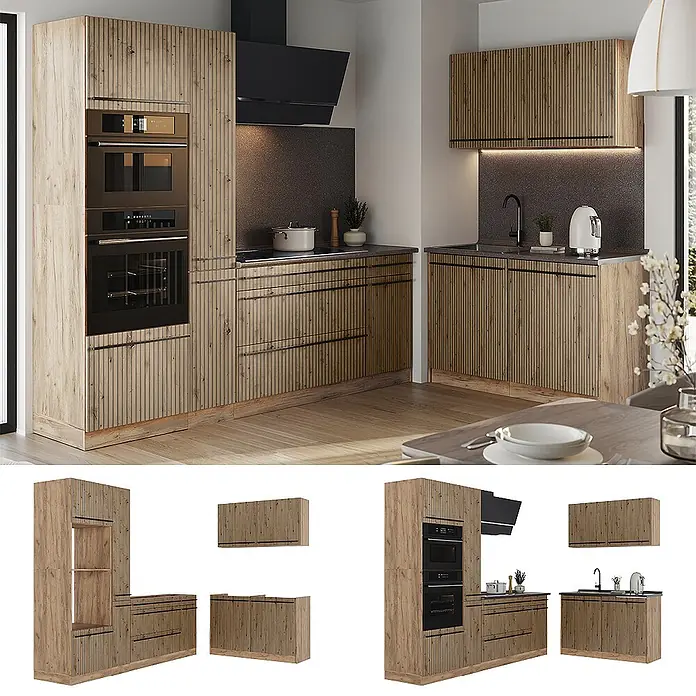 Eckküche R-Line 230 cm Artisan-Eiche Art.-Nr. 67485 -  - Moderne Küche mit hellen Holzschränken im vertikalen Lamellendesign, Einbauöfen und dunklen Arbeitsplatten.