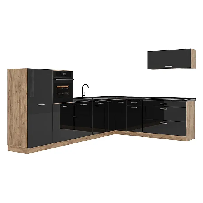 Eckküche R-Line 327 cm Schwarz Hochglanz Art.-Nr. 66801 -  - Moderne L-förmige Küchenzeile mit glänzenden schwarzen Schränken, heller Holzmaserung, schwarzer Arbeitsplatte, Spüle, Kochfeld und integriertem Backofen.