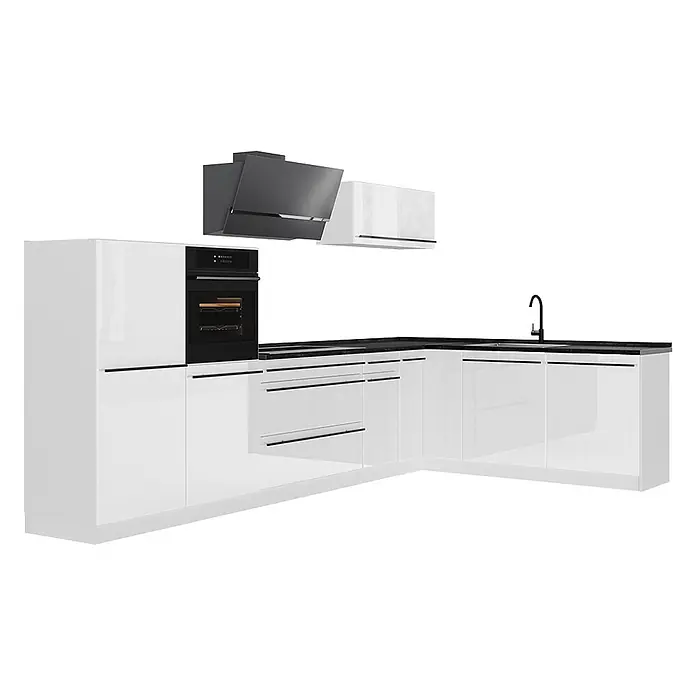 Eckküche R-Line 347 cm Weiß Hochglanz Art.-Nr. 66861 -  - Moderne L-förmige Einbauküche in Weiß Hochglanz mit schwarzen Arbeitsplatten, Backofen, Spüle und Dunstabzugshaube.