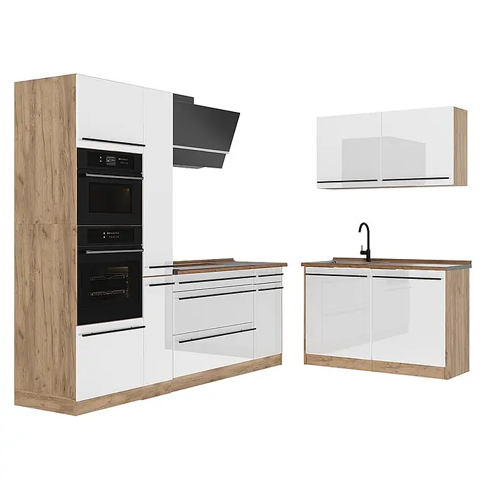 Eckküche R-Line 230 cm Weiß Hochglanz Art.-Nr. 66734 -  - Moderne Küchenzeile mit glänzend weißen Fronten und hellen Eichenholz-Akzenten, inklusive Einbaubacköfen, Kochfeld und Spülbecken.