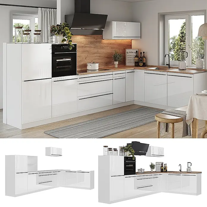 Eckküche R-Line 347 cm Weiß Hochglanz Art.-Nr. 66864 -  - Moderne L-förmige Küche mit glänzenden weißen Schränken, Holzarbeitsplatte und integrierten Geräten in einem hellen Raum.
