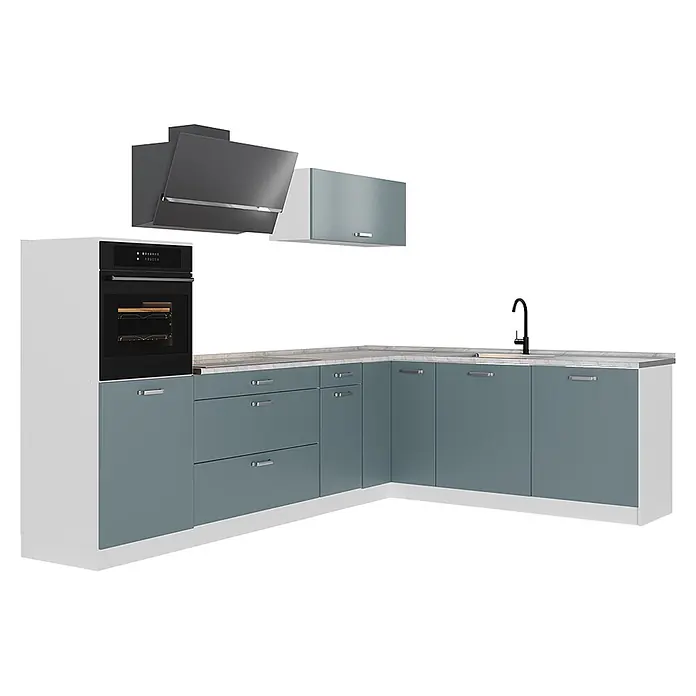 Eckküche R-Line 287 cm Blau-Grau Art.-Nr. 67539 -  - Moderne L-förmige Küche mit blaugrauen Unterschränken, weißen Arbeitsplatten, integriertem Backofen, Spüle mit schwarzem Wasserhahn und Dunstabzugshaube.
