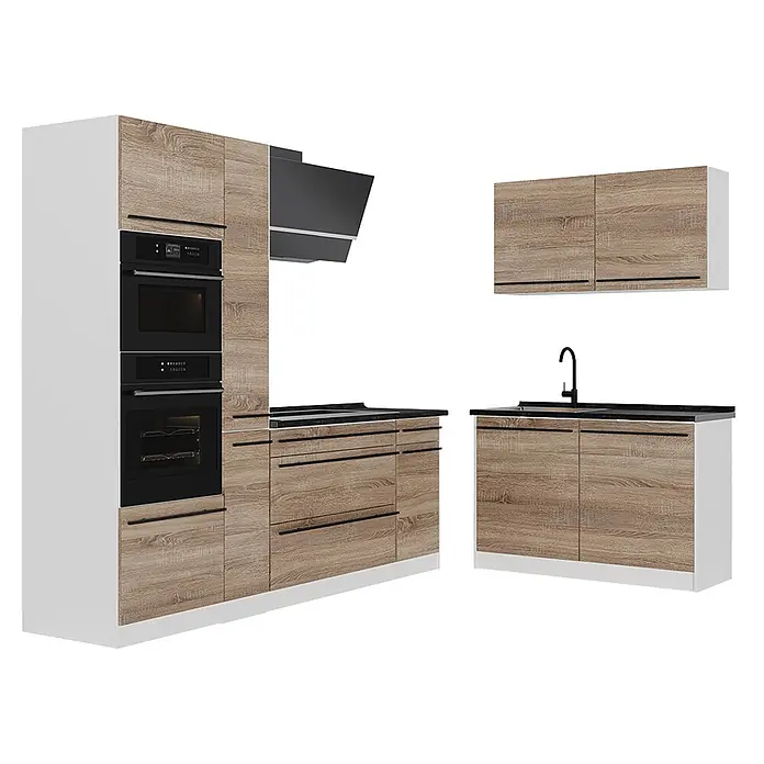 Eckküche R-Line 230 cm Sonoma Art.-Nr. 67513 -  - Moderne Küche mit hellen Holzfronten, weißen Seiten, schwarzen Arbeitsplatten, integrierten Öfen, Mikrowelle und Spüle.