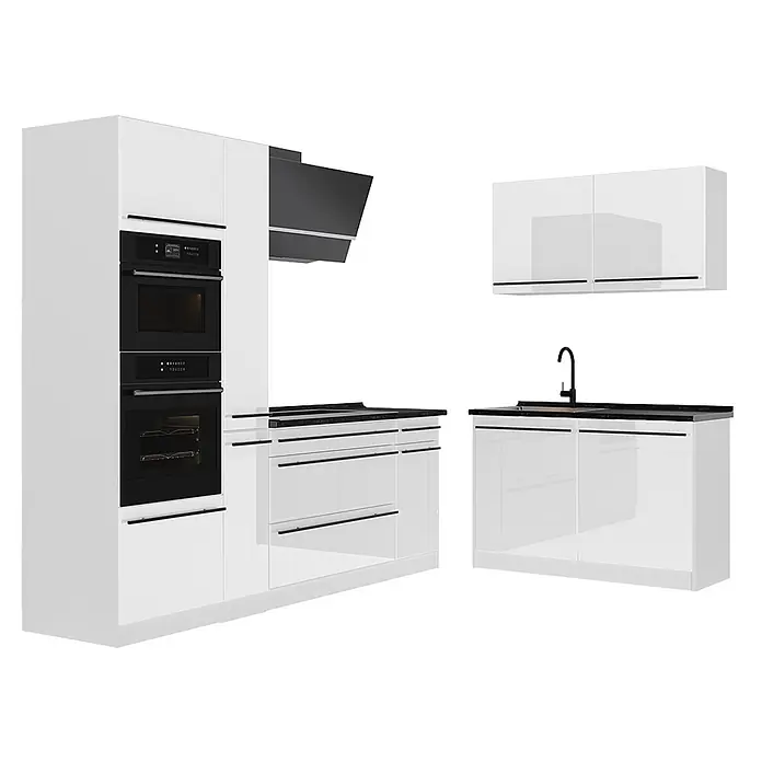 Eckküche R-Line 230 cm Weiß Hochglanz Art.-Nr. 66745 -  - Hochglanzweiße moderne Küche mit schwarzen Geräten und Arbeitsplatten, inklusive Hochschränken, Unterschränken, Hängeschränken und Spüle.