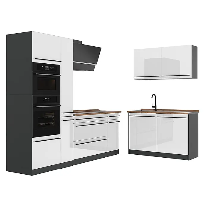 Eckküche R-Line 230 cm Weiß Hochglanz Art.-Nr. 66718 -  - Modulare Küche in Weiß und Dunkelgrau mit Holz-Arbeitsplatten, integrierten Geräten und schwarzer Armatur.