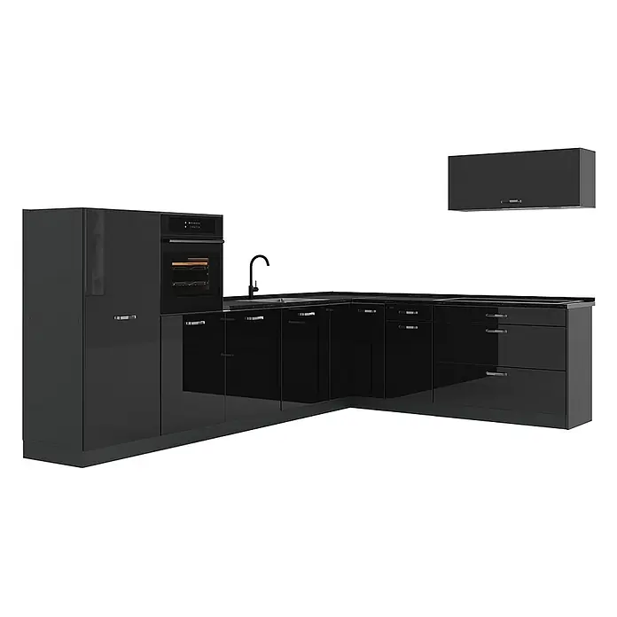 Eckküche R-Line 327 cm Schwarz Hochglanz Art.-Nr. 66788 -  - Glänzende schwarze L-förmige Einbauküche mit integriertem Backofen, Spüle und Hängeschrank.