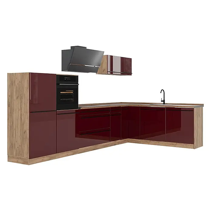 Eckküche R-Line 347 cm Rot Hochglanz Art.-Nr. 66842 -  - L-förmige Küche mit glänzenden bordeauxroten Türen, hellen Holzschränken, integriertem Backofen, Spüle und Dunstabzugshaube.