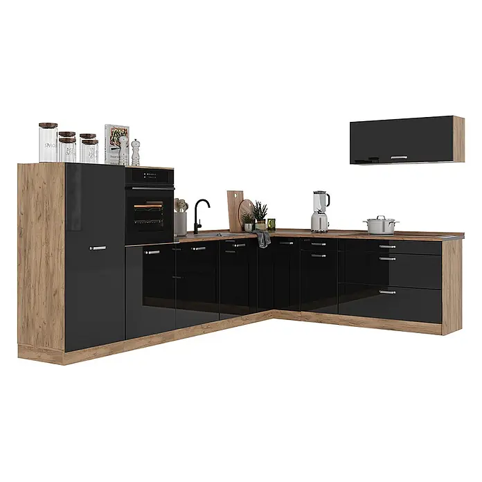 Eckküche R-Line 327 cm Schwarz Hochglanz Art.-Nr. 66801 -  - L-förmige Küchenzeile mit hochglänzenden schwarzen Schränken, Holzdekorpaneelen, integriertem Backofen, Spüle und Kochfeld.