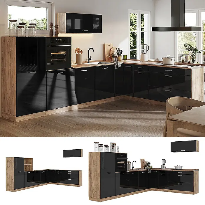 Eckküche R-Line 327 cm Schwarz Hochglanz Art.-Nr. 66801 -  - L-förmige Küche mit hochglänzenden schwarzen Fronten und Holzdekor-Rahmen. Mit integriertem Backofen und Spüle.