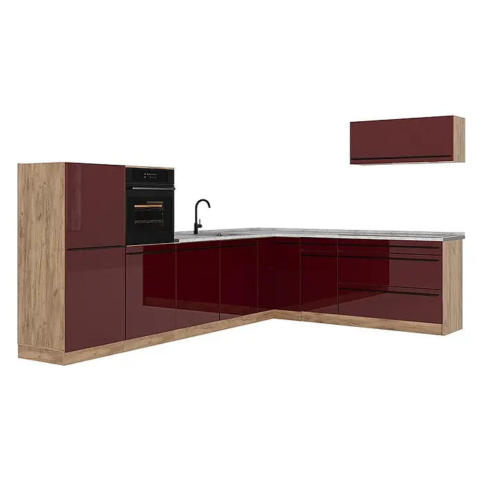 Eckküche R-Line 327 cm Rot Hochglanz Art.-Nr. 66799 -  - L-förmige Küche mit glänzenden bordeauxroten Türen, Holzoptik-Paneelen, grauer Arbeitsplatte und Einbaubackofen. Inklusive passendem Hängeschrank.