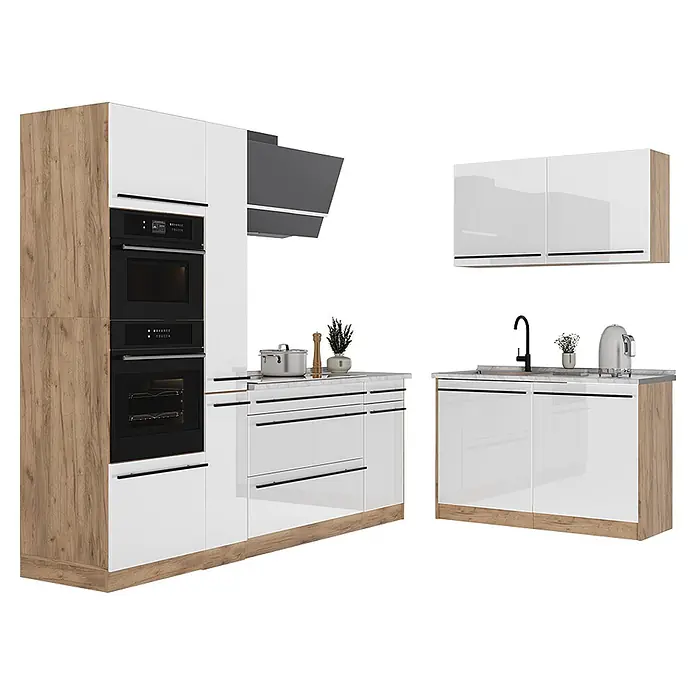 Eckküche R-Line 230 cm Weiß Hochglanz Art.-Nr. 66733 -  - Moderne Küche mit weißen Hochglanzschränken, Holzoptikseiten, integrierten Öfen und Spülbeckenunterschrank.