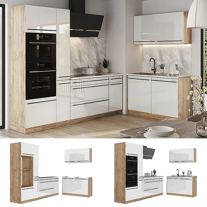 Eckküche R-Line 230 cm Weiß Hochglanz Art.-Nr. 66733 -  - Moderne weiße Hochglanzküche mit hellen Holzdetails, Einbaugeräten und Marmoroptik-Arbeitsplatten.