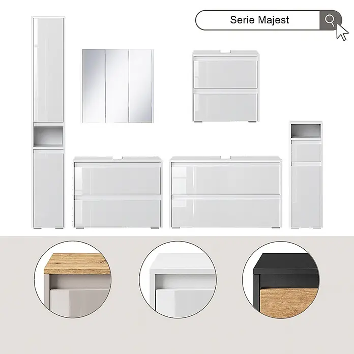 Badmöbel-Set Majest 100 cm Anthrazit Art.-Nr. 71725 -  - Weißes Hochglanz-Badmöbel-Set mit Schränken, Waschtischunterschränken und Spiegelschrank, mit verschiedenen Oberflächen.