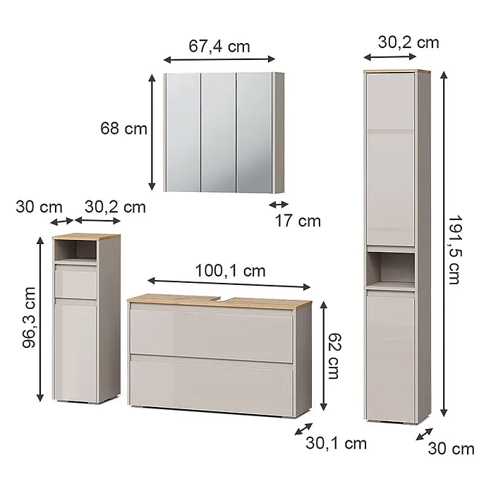 Badmöbel-Set Majest 100 cm Cashmere Art.-Nr. 71732 -  - Helles beiges Badmöbel-Set mit Spiegelschrank, Waschtischunterschrank und zwei Hochschränken mit Holzoptik-Platten.