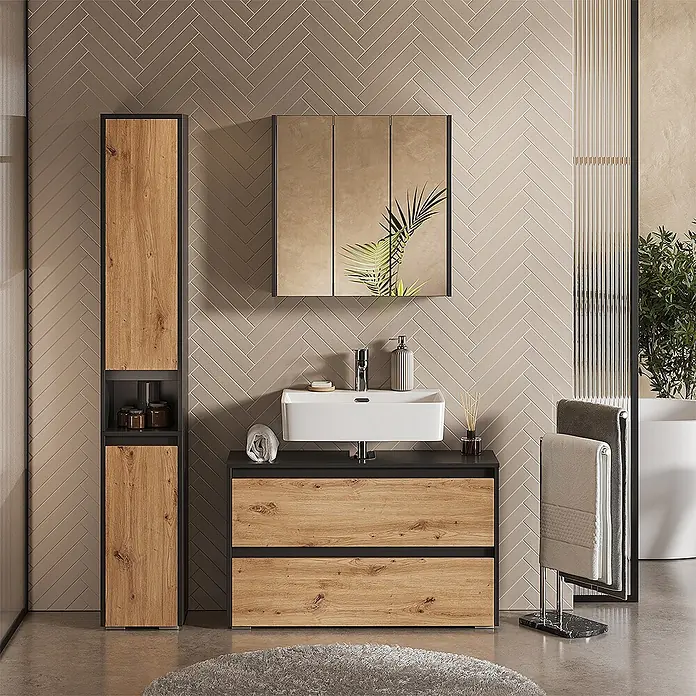 Badmöbel-Set Majest 100 cm Anthrazit Art.-Nr. 71727 -  - Moderne Badezimmermöbel mit Holzoptik-Waschtisch, Spiegel-Wandschrank und hohem Schrank.