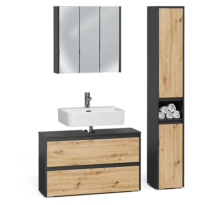 Badmöbel-Set Majest 100 cm Anthrazit Art.-Nr. 71727 -  - Modernes Badezimmermöbel-Set in Dunkelgrau und hellem Holz mit Waschbecken, Spiegelschrank und Hochschrank.
