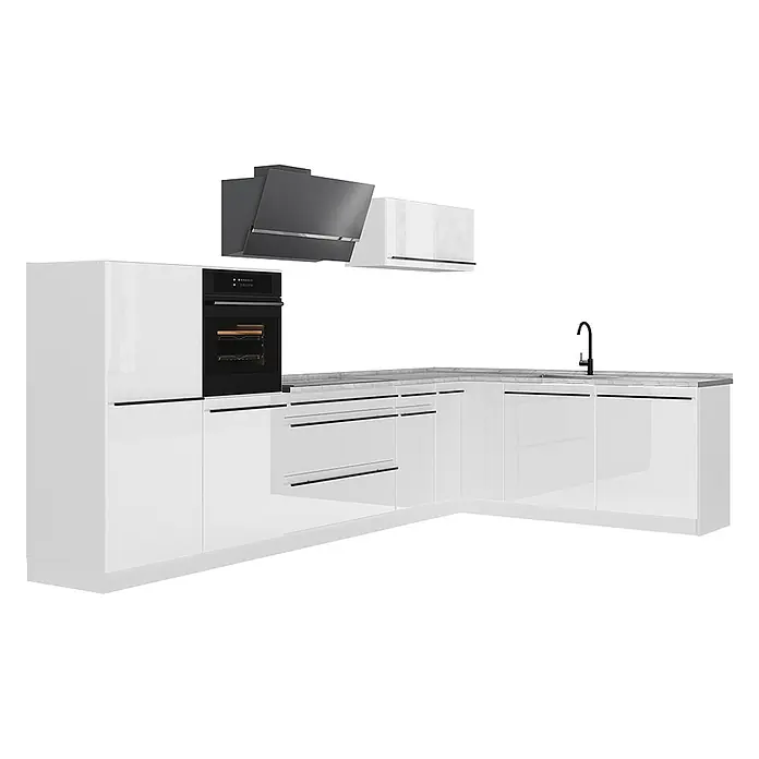 Eckküche R-Line 347 cm Weiß Hochglanz Art.-Nr. 66864 -  - Weiße Modulküche mit integriertem schwarzem Backofen, passender Dunstabzugshaube und schwarzem Wasserhahn.