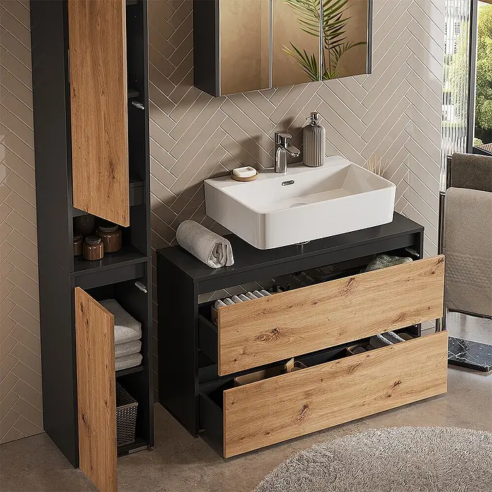 Badmöbel-Set Majest 100 cm Anthrazit Art.-Nr. 71727 -  - Modernes Badmöbelset in Dunkelgrau mit Holzfronten und weißem Waschbecken, bietet viel Stauraum im Badezimmer.