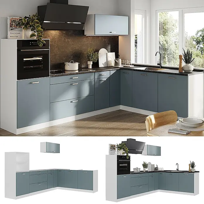 Eckküche R-Line 287 cm Blau-Grau Art.-Nr. 67538 -  - Moderne L-förmige Küche mit blaugrauen Schränken, schwarzer Arbeitsplatte und integrierten Geräten in einem hellen Raum.