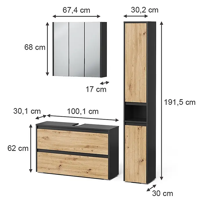 Badmöbel-Set Majest 100 cm Anthrazit Art.-Nr. 71727 -  - Badezimmermöbel-Set mit Spiegelschrank, Waschtischunterschrank und Hochschrank, in dunkler Optik mit heller Holzmaserung.