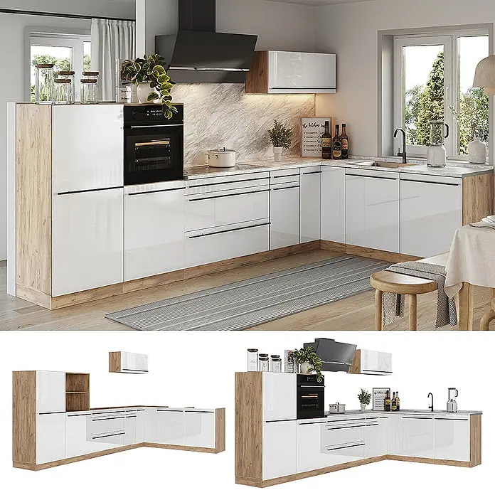 Eckküche R-Line 347 cm Weiß Hochglanz Art.-Nr. 66851 -  - Moderne L-förmige Küche mit hochglänzend weißen Fronten, Holz-Akzenten und integrierten Geräten. In einer modernen Küchenumgebung.