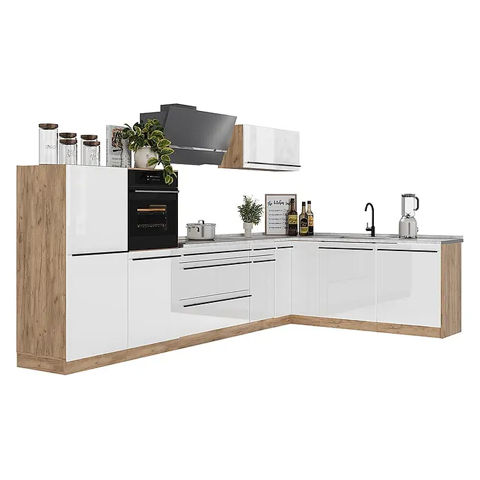 Eckküche R-Line 347 cm Weiß Hochglanz Art.-Nr. 66851 -  - L-förmige Küche mit weißen Hochglanzschränken, hellen Holzakzenten, integriertem Backofen, Kochfeld, Spüle und Dunstabzugshaube.