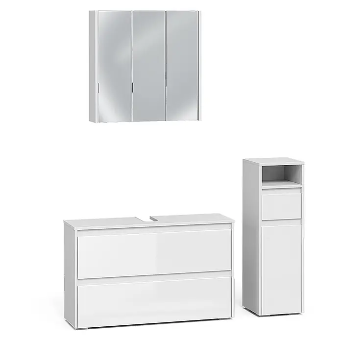 Badmöbel-Set Majest 100 cm Weiß Hochglanz Art.-Nr. 71734 -  - Weißes Hochglanz-Badezimmermöbel-Set: Spiegelschrank, Waschtischunterschrank mit zwei Schubladen und hoher Beistellschrank.